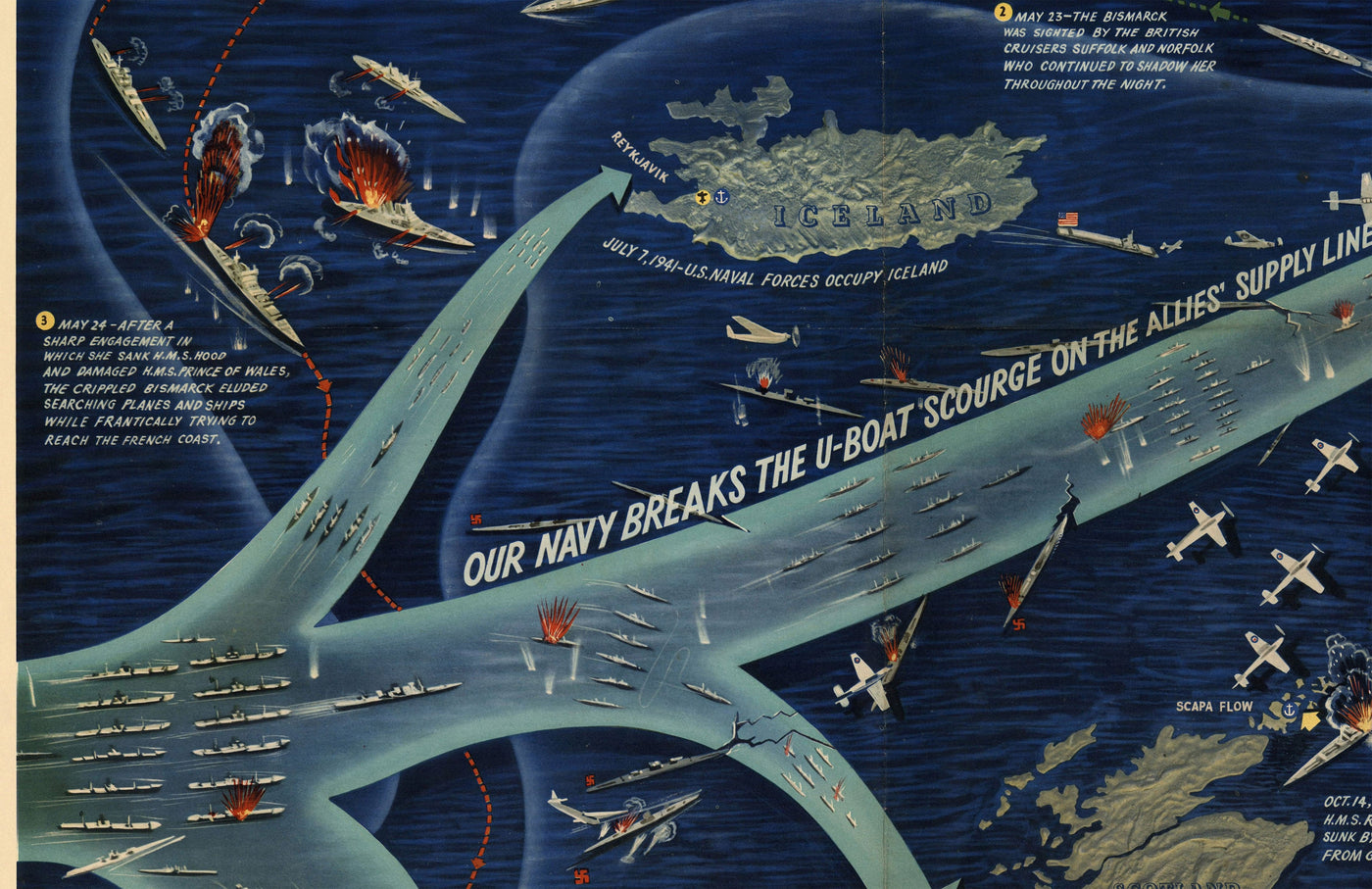 NAVWARMAP No. 3 - Old World War 2 Mapa, 1944 - Frente Occidental, Allies vs. Nazi - EE. UU. Marina Educativa y Propaganda Mapa