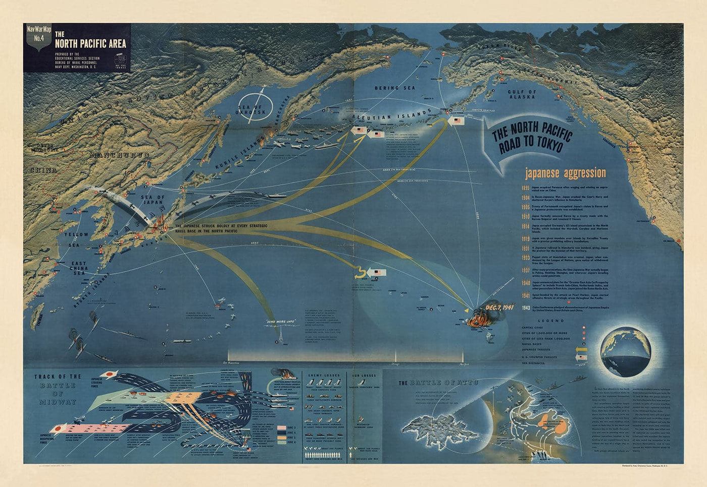 NAVWARMAP No. 4 - Old World War 2 Mapa, 1944 - Batallas del Pacífico, Pearl Harbor, EE. UU. Vs. Japón - EE. UU. Mapa educativo y propaganda