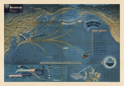 Navoumap No. 4 - Carte de la Seconde Guerre mondiale, 1944 - Batailles Pacific, Pearl Harbour, US vs. Japon - US Navy Educational & Propaganda Carte