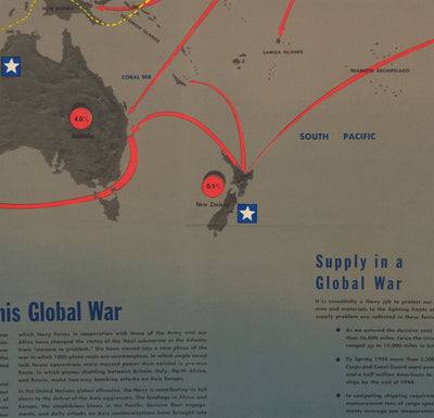 NAVWARMAP N ° 6 - Old World War 2 map, 1944 - Carte éducative et propagande de la marine américaine - Maritime Allies vs. Tableau mural nazi