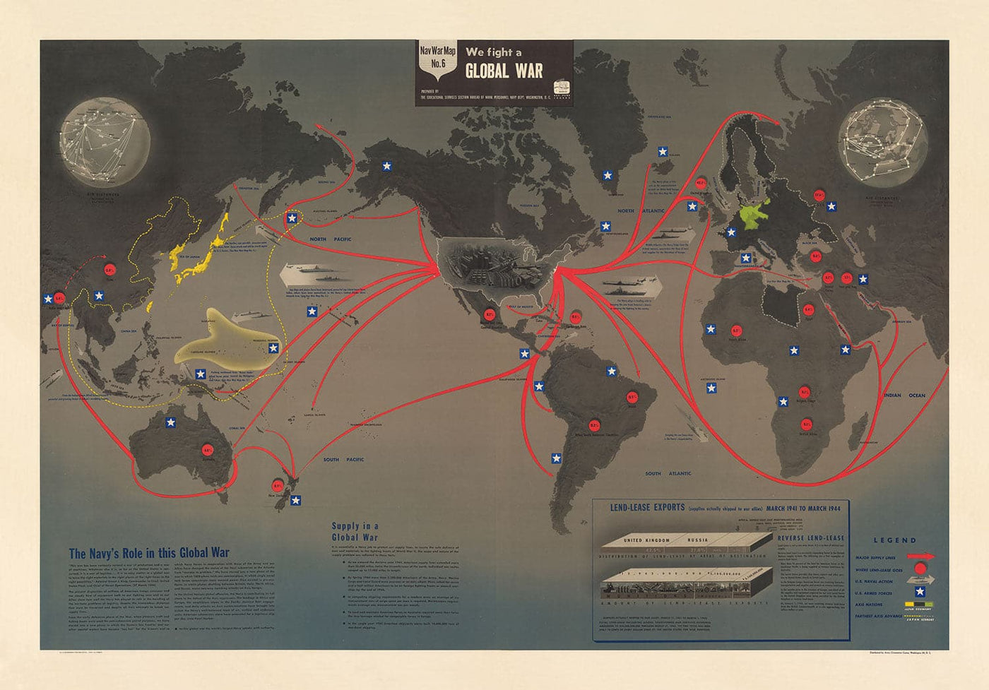 Navwarmap Nr. 6 - Old World War 2 Map, 1944 - US Navy Educational & Propaganda Map - Maritime Alliale vs. Nazi Wanddiagramm