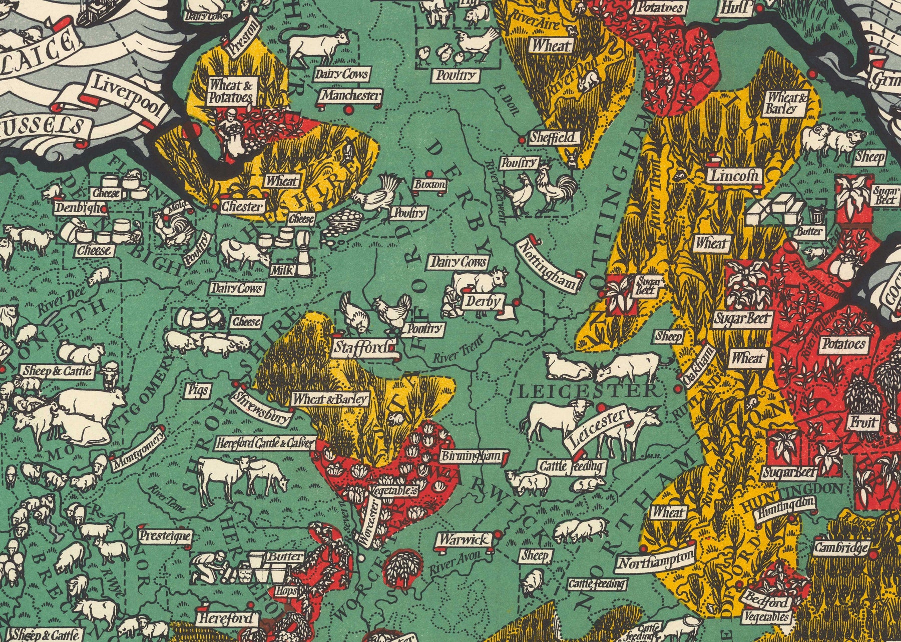 Old Map of Agriculture & Fisheries in England and Wales by Macdonald Gill - Poultry, Dairy, Crops, Produce, Farms