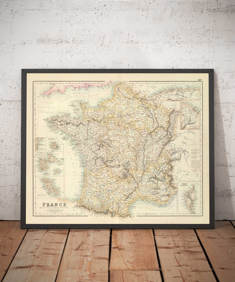 Mappa antica della Francia e delle sue possessioni straniere, 1872 di Archibald Fullarton - Algeria, Guiana Francese, Corsica, Le Alpi, Martinica 