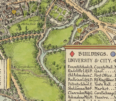 Antiguo mapa pictórico de Oxford por Spencer Hoffman, 1929 - Universidad y Colegios Mayores