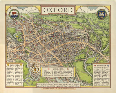Antiguo mapa pictórico de Oxford por Spencer Hoffman, 1929 - Universidad y Colegios Mayores