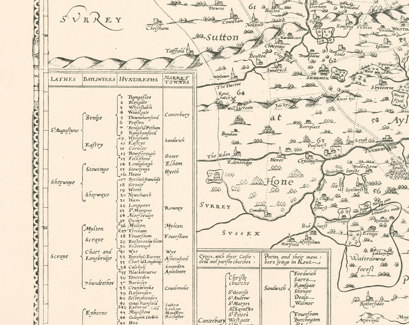 Ancienne carte du Kent en 1596 par Philip Symonson - Dartford, Maidstone, Bromley, Tunbridge, Gillingham, Chatham
