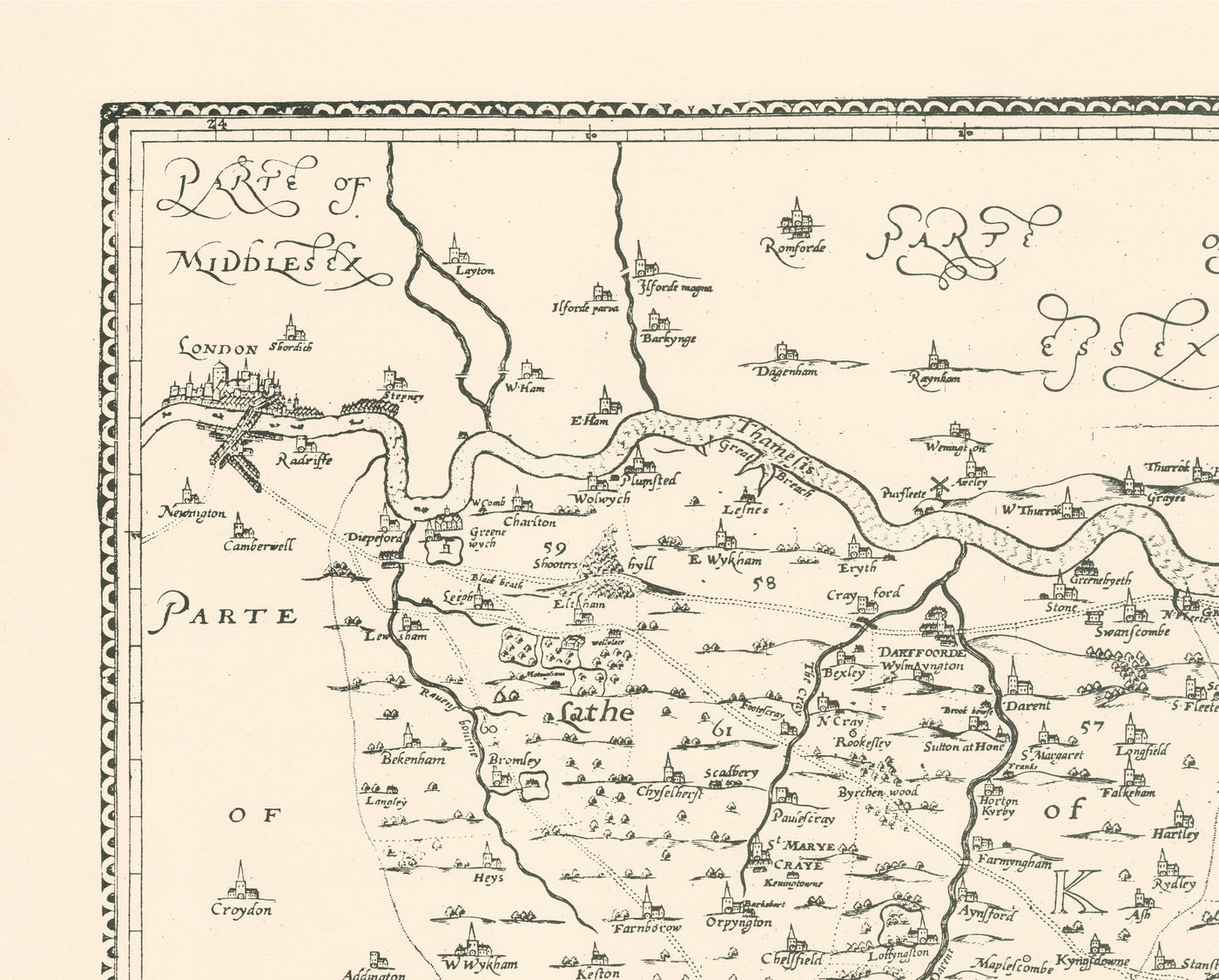 Antiguo mapa de Kent en 1596 por Philip Symonson - Dartford, Maidstone, Bromley, Tunbridge, Gillingham, Chatham