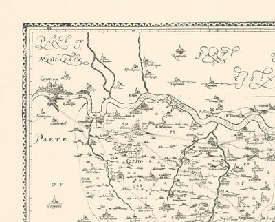 Antiguo mapa de Kent en 1596 por Philip Symonson - Dartford, Maidstone, Bromley, Tunbridge, Gillingham, Chatham