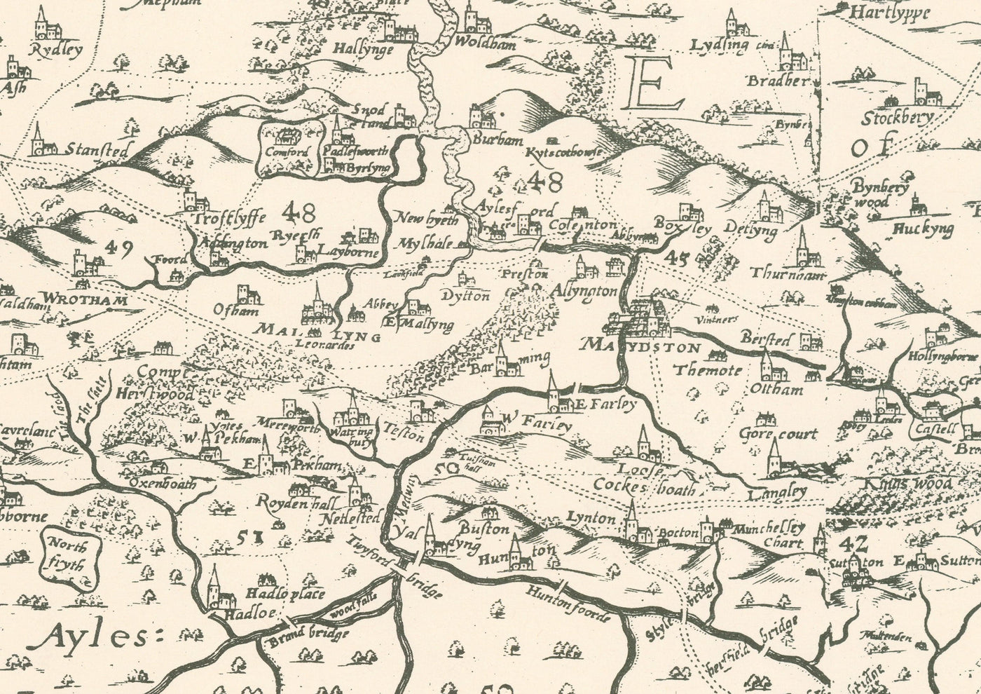 Ancienne carte du Kent en 1596 par Philip Symonson - Dartford, Maidstone, Bromley, Tunbridge, Gillingham, Chatham