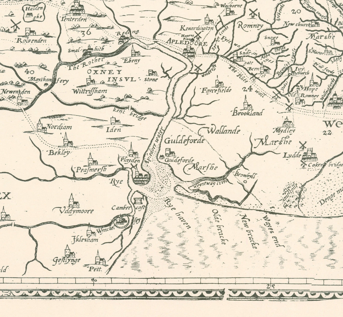 Old map of Kent in 1596 by Philip Symonson - Dartford, Maidstone, Brom ...