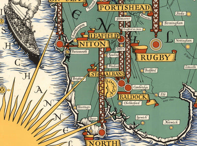 Antiguo mapa pictórico de las estaciones inalámbricas de la Oficina de Correos por Macdonald Gill en 1939 - Islas Británicas, GPO, Radio, Televisión, Telegrama