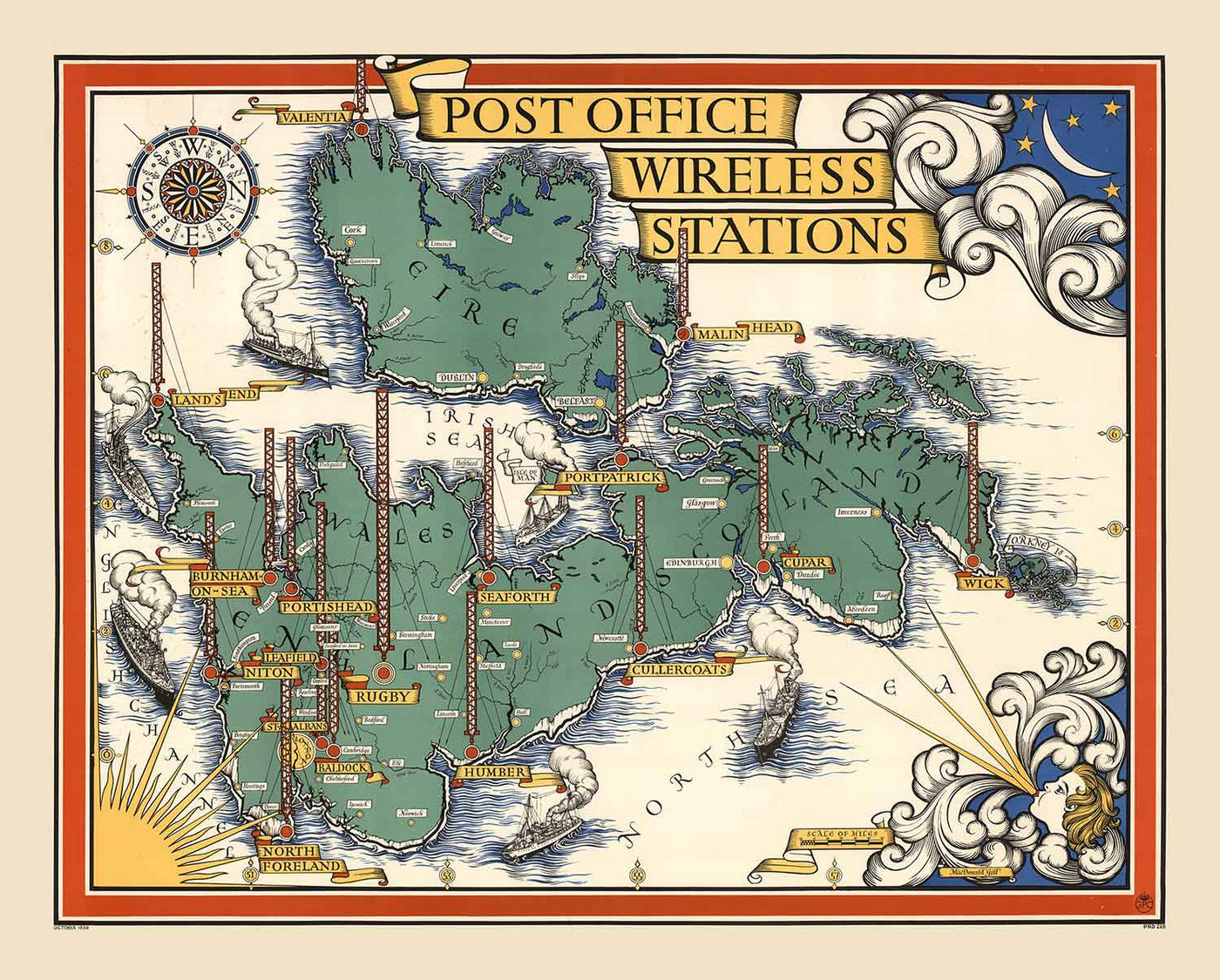 Antiguo mapa pictórico de las estaciones inalámbricas de la Oficina de Correos por Macdonald Gill en 1939 - Islas Británicas, GPO, Radio, Televisión, Telegrama
