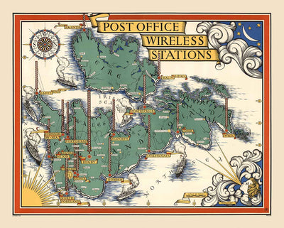 Old Pictorial Map of the Post Office Wireless Stations by Macdonald Gill in 1939 - British Isles, GPO, Radio, Television,  Telegram