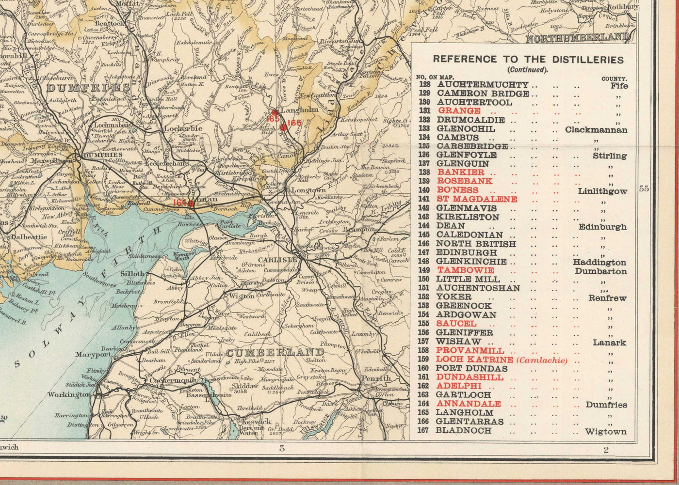 Mapa antiguo de las destilerías escocesas en 1902 por John Bartholomew - Whisky, Licores, Alcohol, Edimburgo, Glasgow