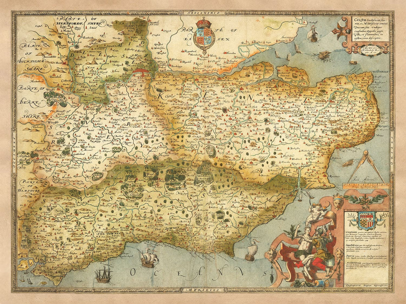 Ancienne carte du sud-est de l'Angleterre en 1575 par Saxton - Rare première carte de Londres, Kent, Sussex, Surrey, Middlesex