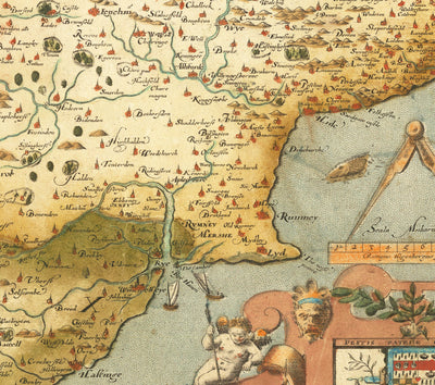 Ancienne carte du sud-est de l'Angleterre en 1575 par Saxton - Rare première carte de Londres, Kent, Sussex, Surrey, Middlesex
