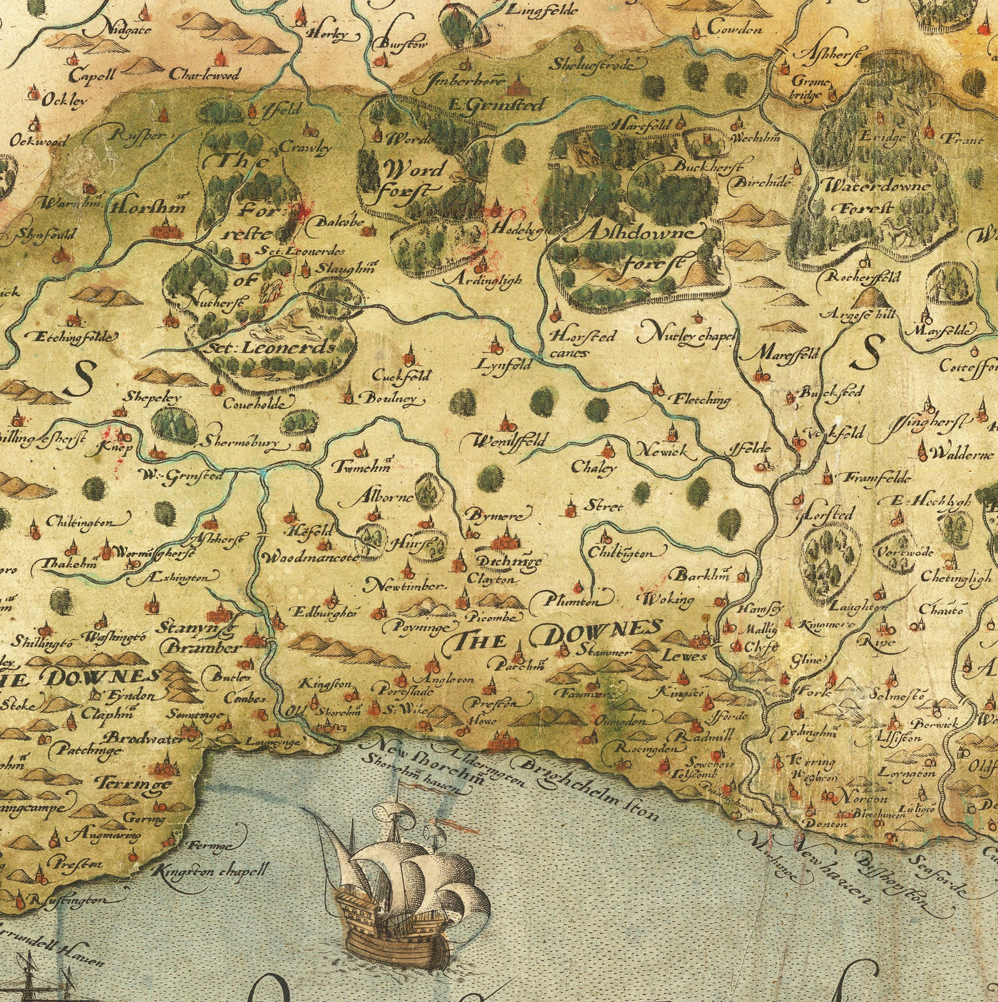 Alte Karte von Südostgland 1575 von SAXTON - seltene erste Karte von London, Kent, Sussex, Surrey, Middlesex