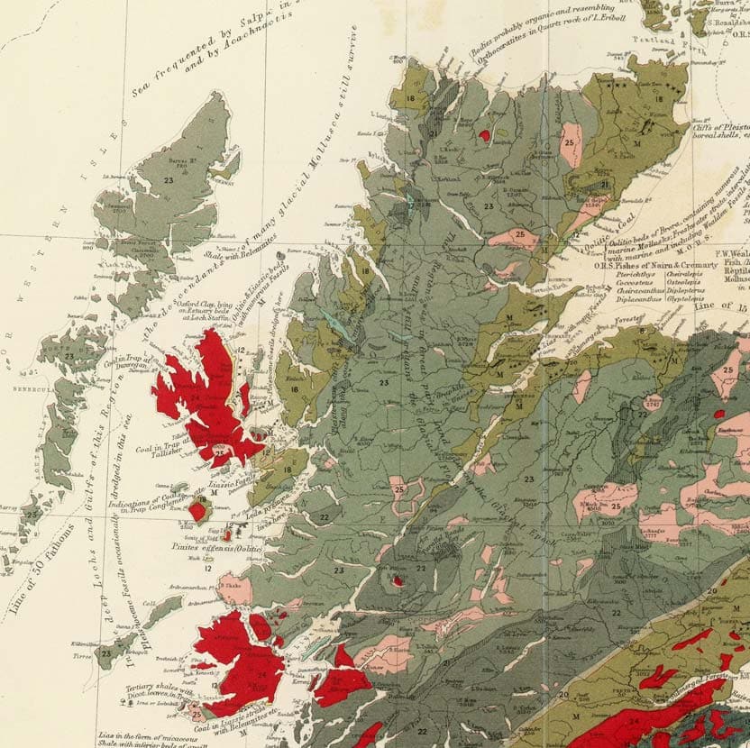 Bolso de Escocia con un mapa antiguo del mapa geológico y paleontológico de Escocia de 1854, por A.K. Johnston y E.Forbes