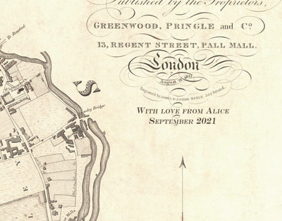 Gran mapa antiguo de Londres por C&J Greenwood, 1830 - Monocromo con el Támesis azul único