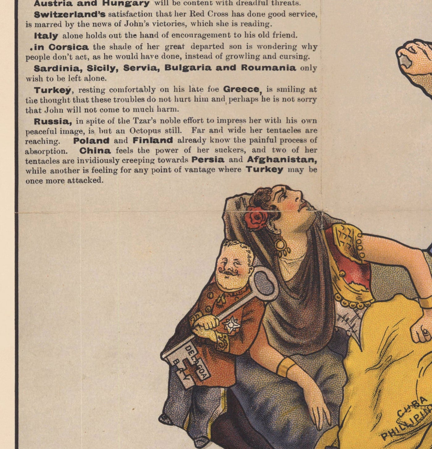 Alte satirische Karte von Europa, 1900 von Fredrick Rose - John Bull Propaganda Serio-Comic, Octopus Nikolai II Russisches Reich
