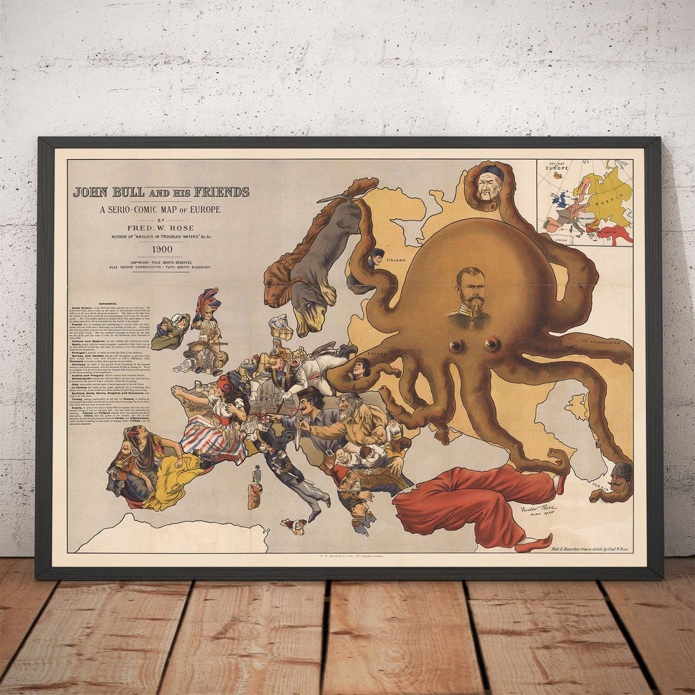Alte satirische Karte von Europa, 1900 von Fredrick Rose - John Bull Propaganda Serio-Comic, Octopus Nikolai II Russisches Reich