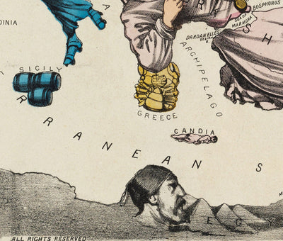 Ancienne carte satirique de l'Europe, 1877 par Fredrick Rose - Propaganda du 19ème siècle Serio-Comic, Octopus russe vs Empires ottomanes