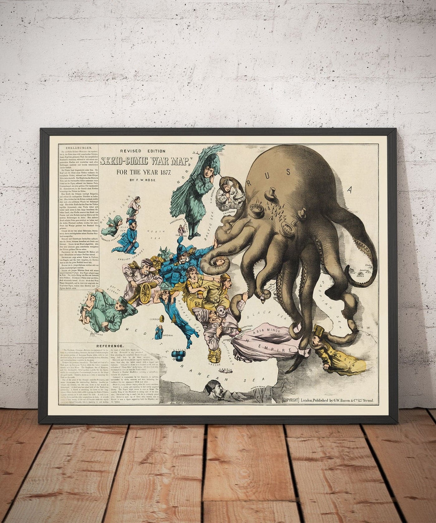 Old Satirical Map of Europe, 1877 by Fredrick Rose - 19th Century Propaganda Serio-Comic, Octopus Russian vs. Ottoman Empires