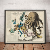 Ancienne carte satirique de l'Europe, 1877 par Fredrick Rose - Propagande sérieux-comique du 19ème siècle, Octopus des empires russe et ottoman 