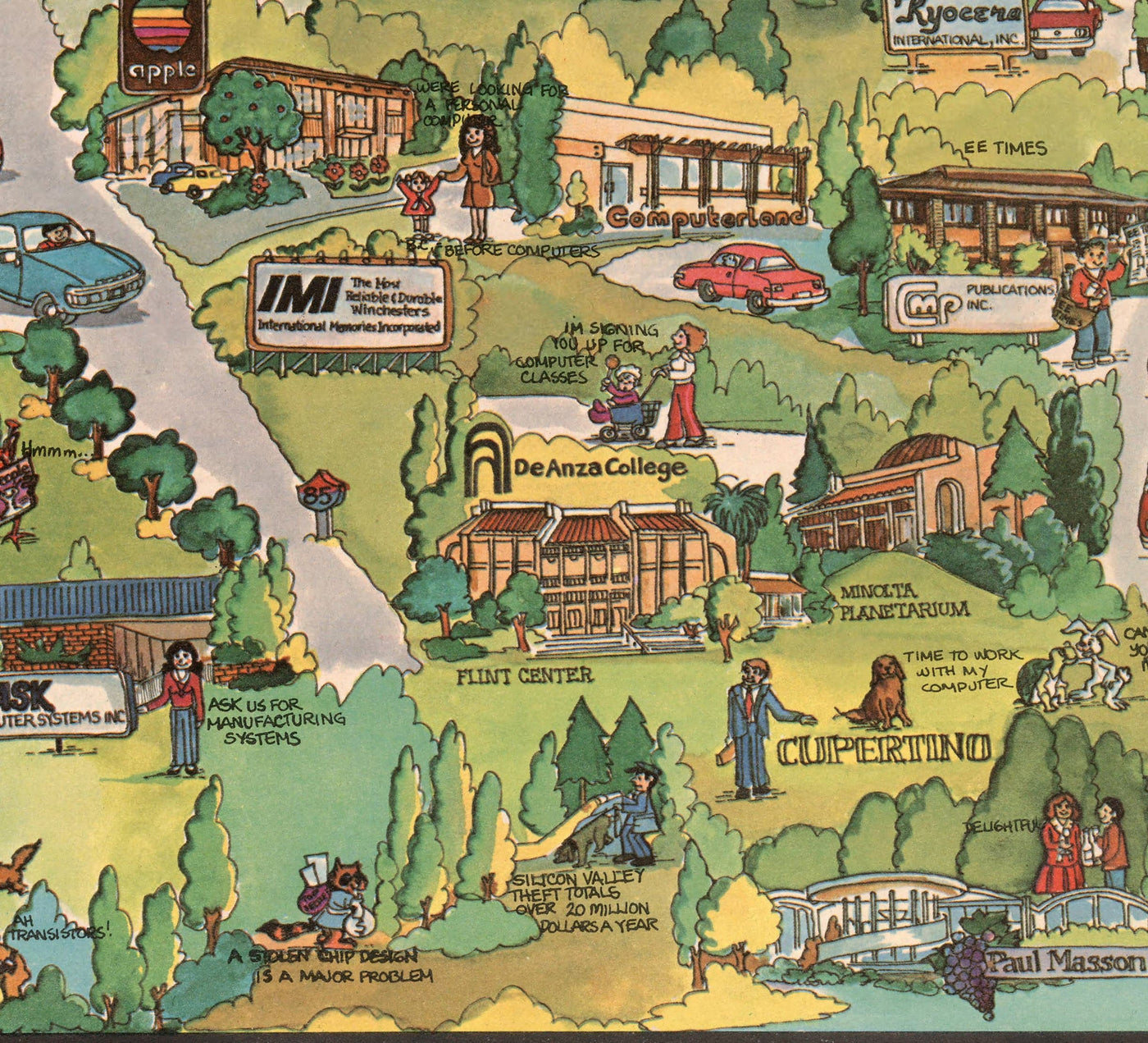 Ancienne Carte de Silicon Valley, 1982 - Pictorial Tableau de MountainView, Sunnyvale, Cupertino, San Jose, Fremont