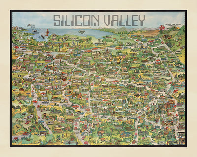 Old Map of Silicon Valley, 1982 - Pictorial Chart of Mountainview, Sunnyvale, Cupertino, San Jose, Fremont