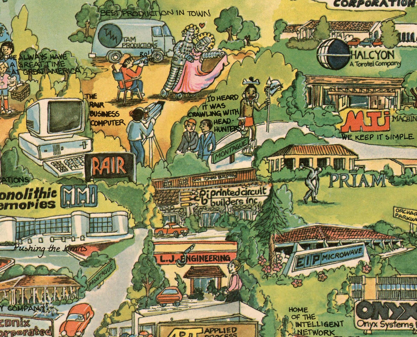 Old Map of Silicon Valley, 1982 - Pictorial Chart of Mountainview, Sunnyvale, Cupertino, San Jose, Fremont