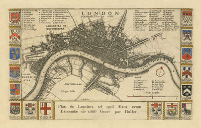 Ancienne carte de Londres avant le grand incendie de 1667 par Blome - Abbaye de Westminster, Scotland Yard, Charring Cross, London Bridge