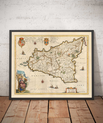 Ancienne carte de la Sicile en 1640 par Willem Blaeu - Palerme, Catane, Marsala, Méditerranée, Messine