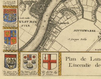 Ancienne carte de Londres avant le grand incendie de 1667 par Blome - Abbaye de Westminster, Scotland Yard, Charring Cross, London Bridge