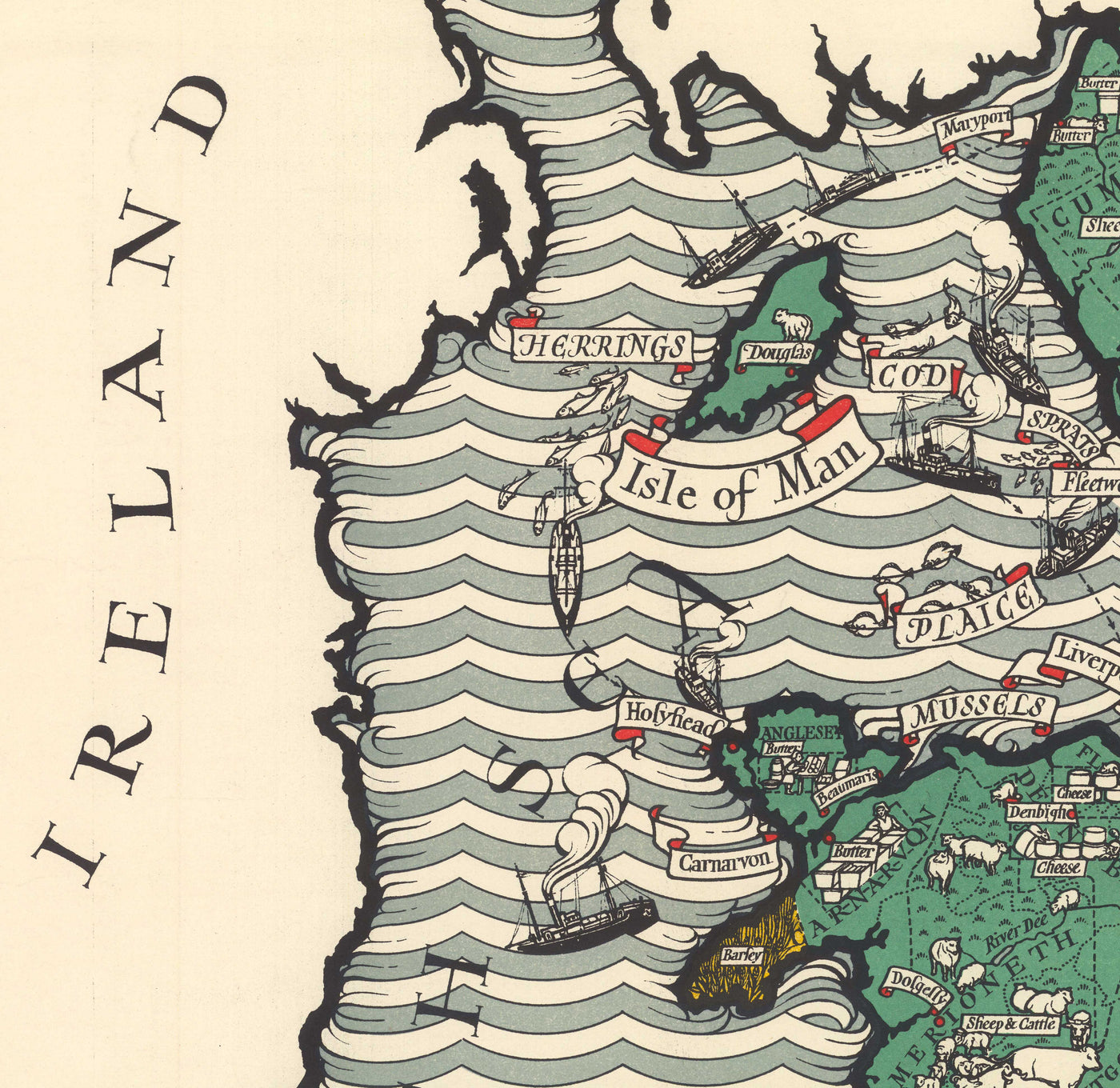 Ancienne carte de l'agriculture et de la pêche en Angleterre et au Pays de Galles par Macdonald Gill - Volaille, produits laitiers, cultures, produits, fermes