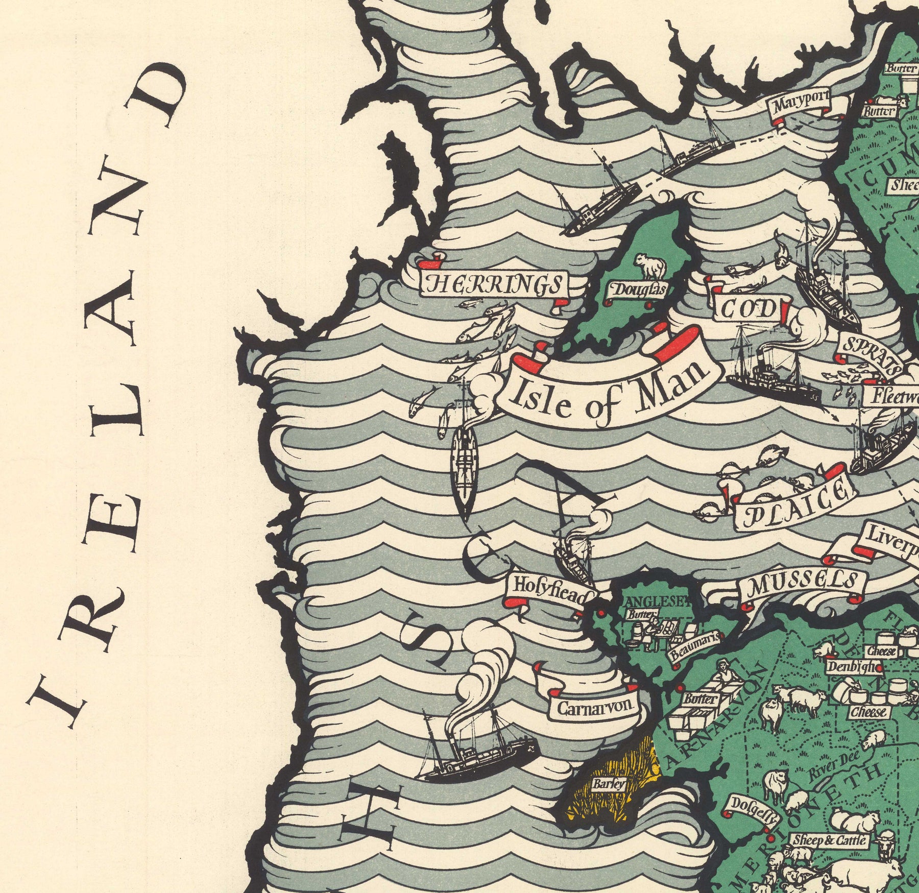 Old Map of Agriculture & Fisheries in England and Wales by Macdonald Gill - Poultry, Dairy, Crops, Produce, Farms