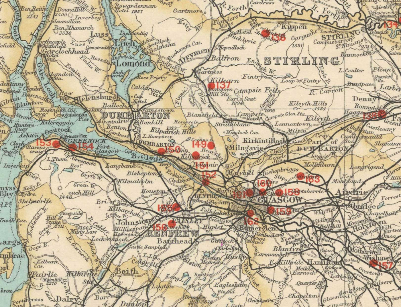 Alte Karte der schottischen Brennereien im Jahr 1902 von John Bartholomew - Whiskey, Spirituosen, Alkohol, Edinburgh, Glasgow
