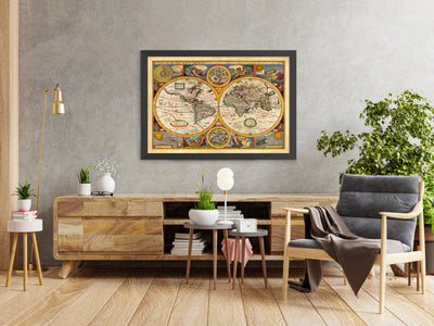 Carte ancienne du monde de 1651 par John Vitesse - Art mural vintage de couleur rare