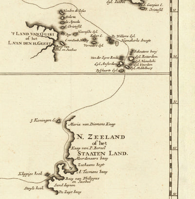 Antiguo mapa histórico de Nueva Holanda en 1726 por Francois Valentijn - Abel Tasman, Australia, Nueva Zelanda, Borneo, Nueva Guinea