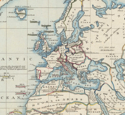 Alte Weltkarte, 1818 von James Wyld - Karte mit Religion, Bevölkerung und Zivilisation der einzelnen Länder