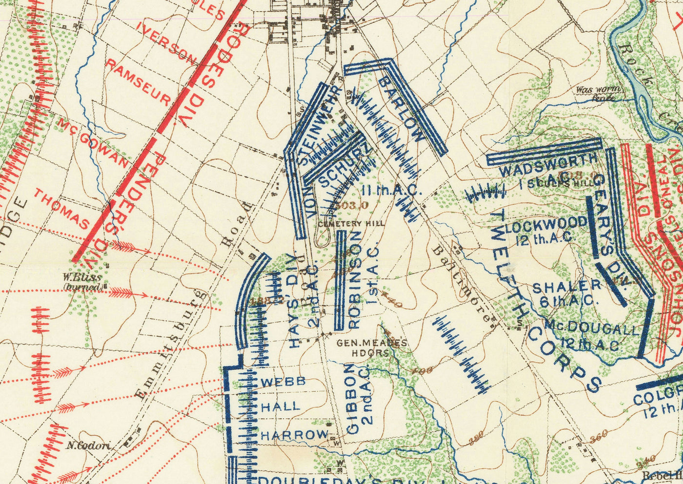 Ancienne carte de la bataille de Gettysburg en 1900 par Julius Bien - Carte de la guerre civile Nord vs Sud, Confédération vs Union