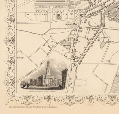 Mapa antiguo de Aberdeen, Escocia en 1851 por Tallis & Rapkin