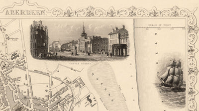 Mapa antiguo de Aberdeen, Escocia en 1851 por Tallis & Rapkin