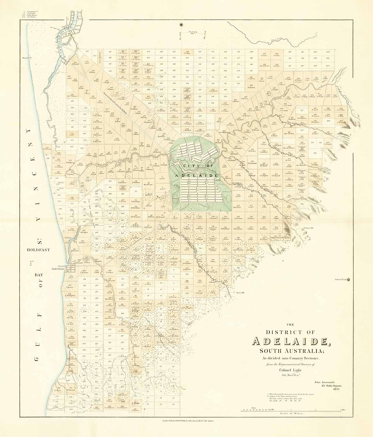 Antiguo mapa de Adelaida, Australia del Sur, por John Arrowsmith, 1839 - Brighton, Port, Norwood, Glenelg Beach