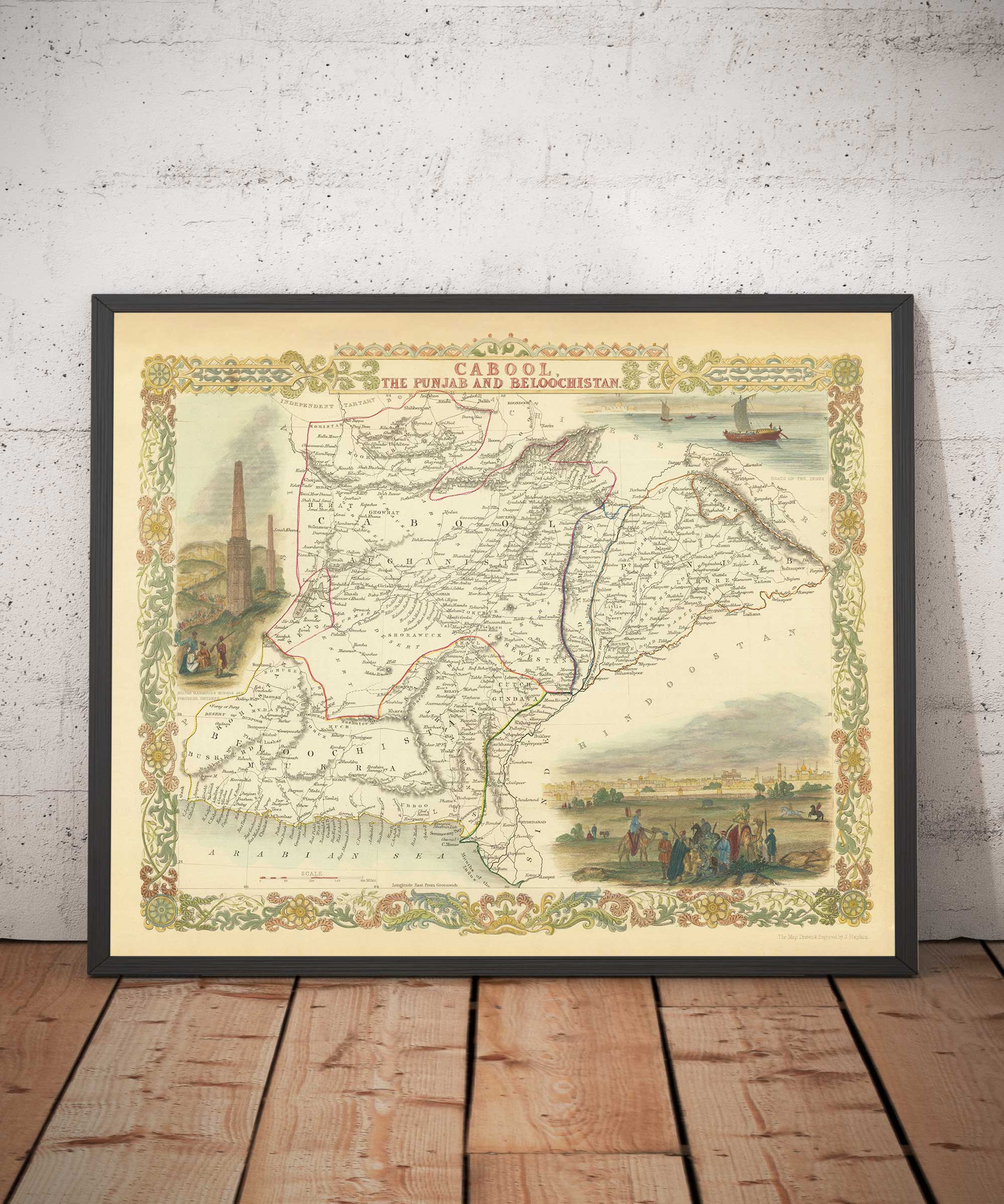 Old Map of Pakistan and Afghanistan - Afghanistan Punjab Pakistan Tallis Rapkin 1851 Frame Mockup 