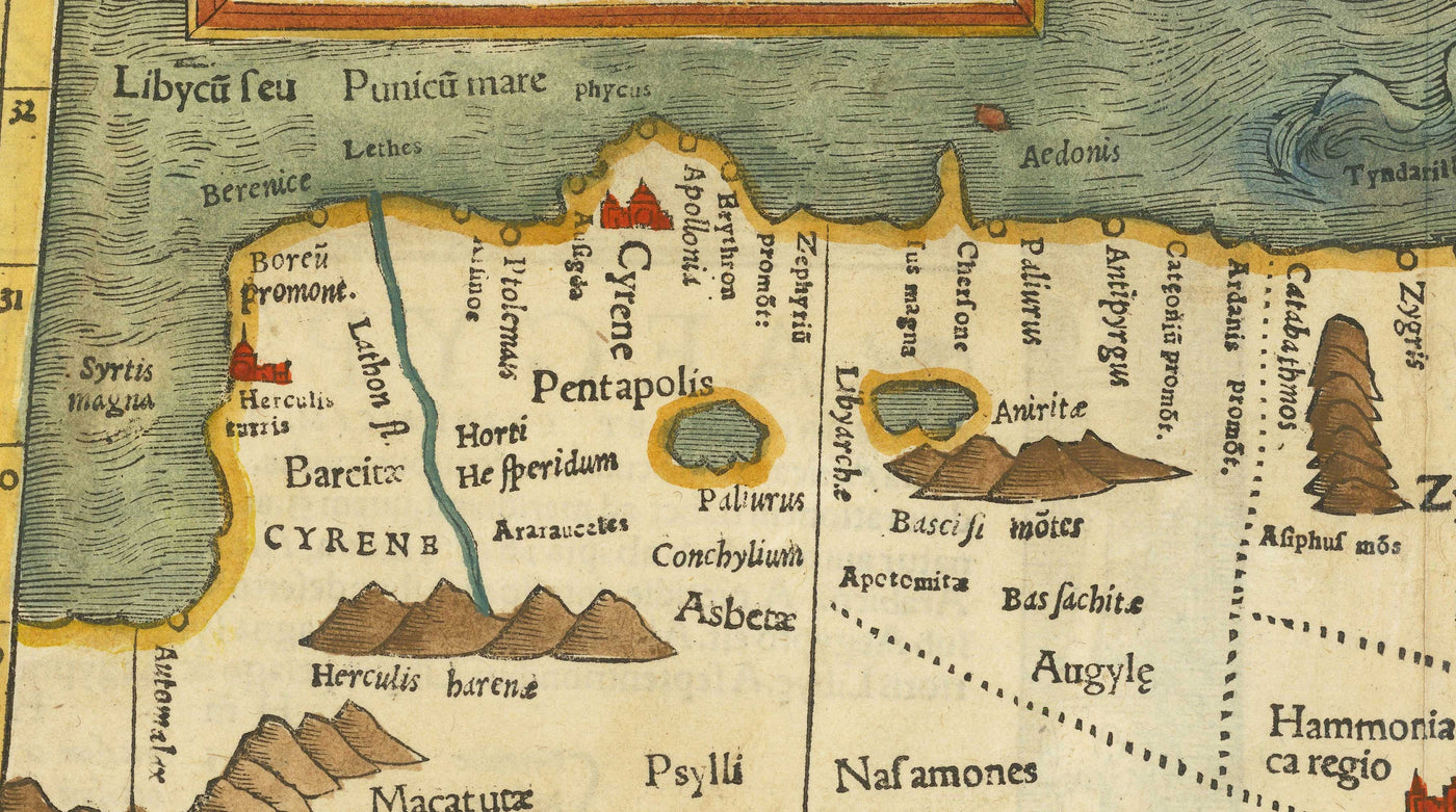 Ancienne carte historique de l'Afrique du Nord en 1545 par Sebastian Munster - Babylone, Le Caire, le Nil, Alexandrie, Égypte
