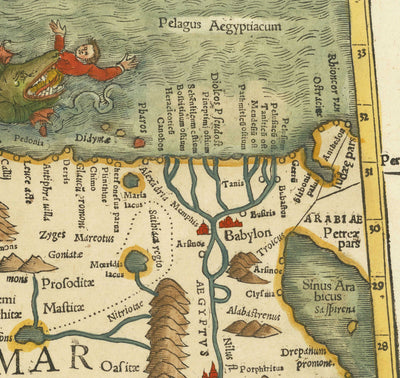 Antiguo mapa histórico del norte de África en 1545 por Sebastian Munster - Babilonia, El Cairo, río Nilo, Alejandría, Egipto