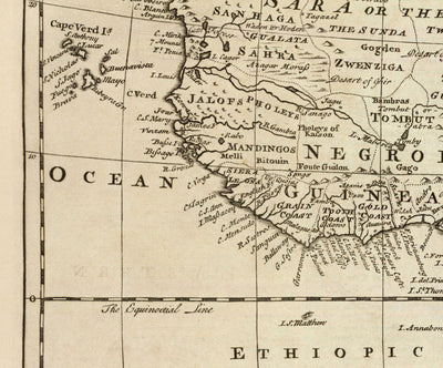 Old Map of Africa, 1747 by Emanuel Bowen - Pre-Colonial - Slave Trade, Negroland, Ethiopia, Barbary, Nubia