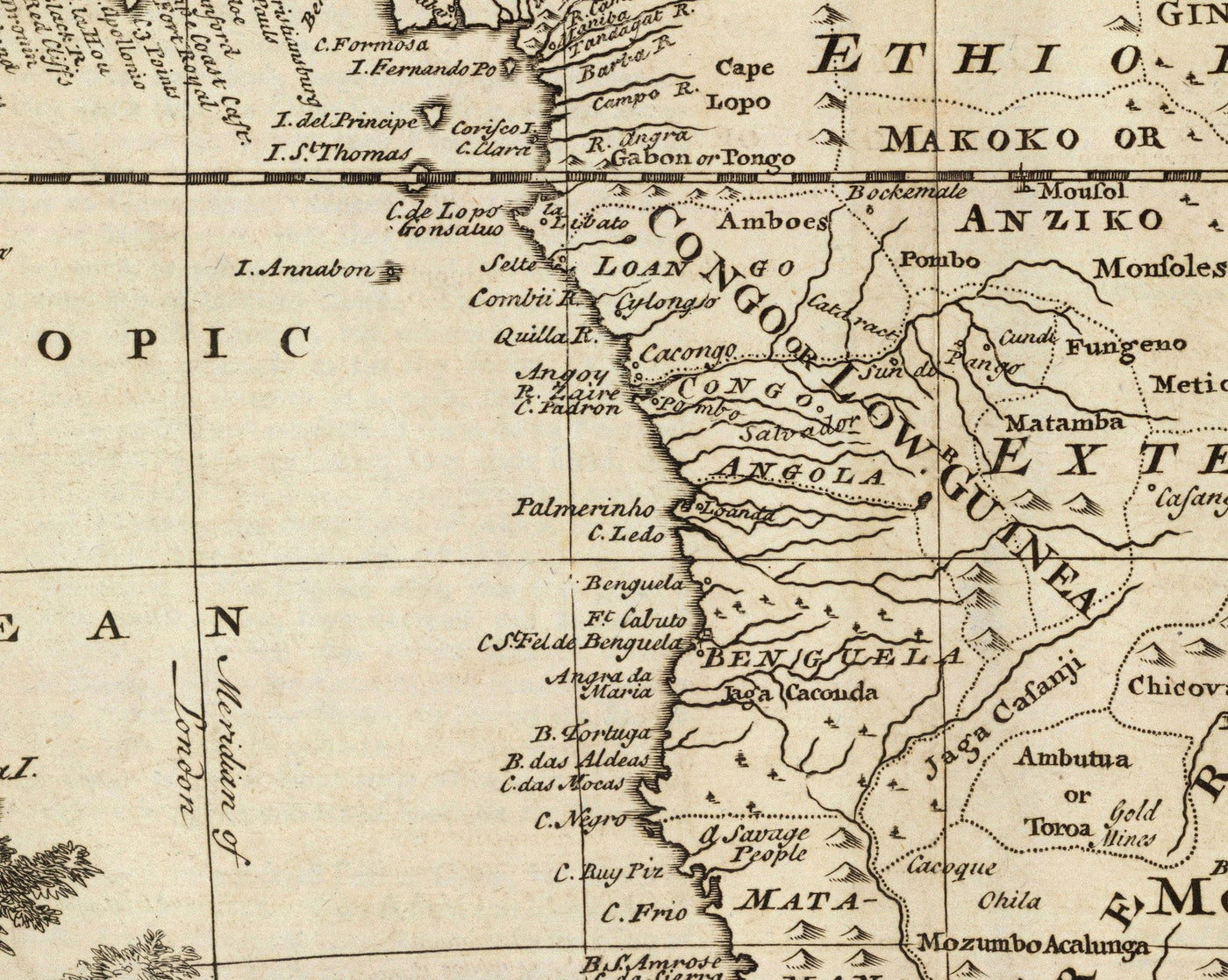 Old Map of Africa, 1747 by Emanuel Bowen - Pre-Colonial - Slave Trade, Negroland, Ethiopia, Barbary, Nubia