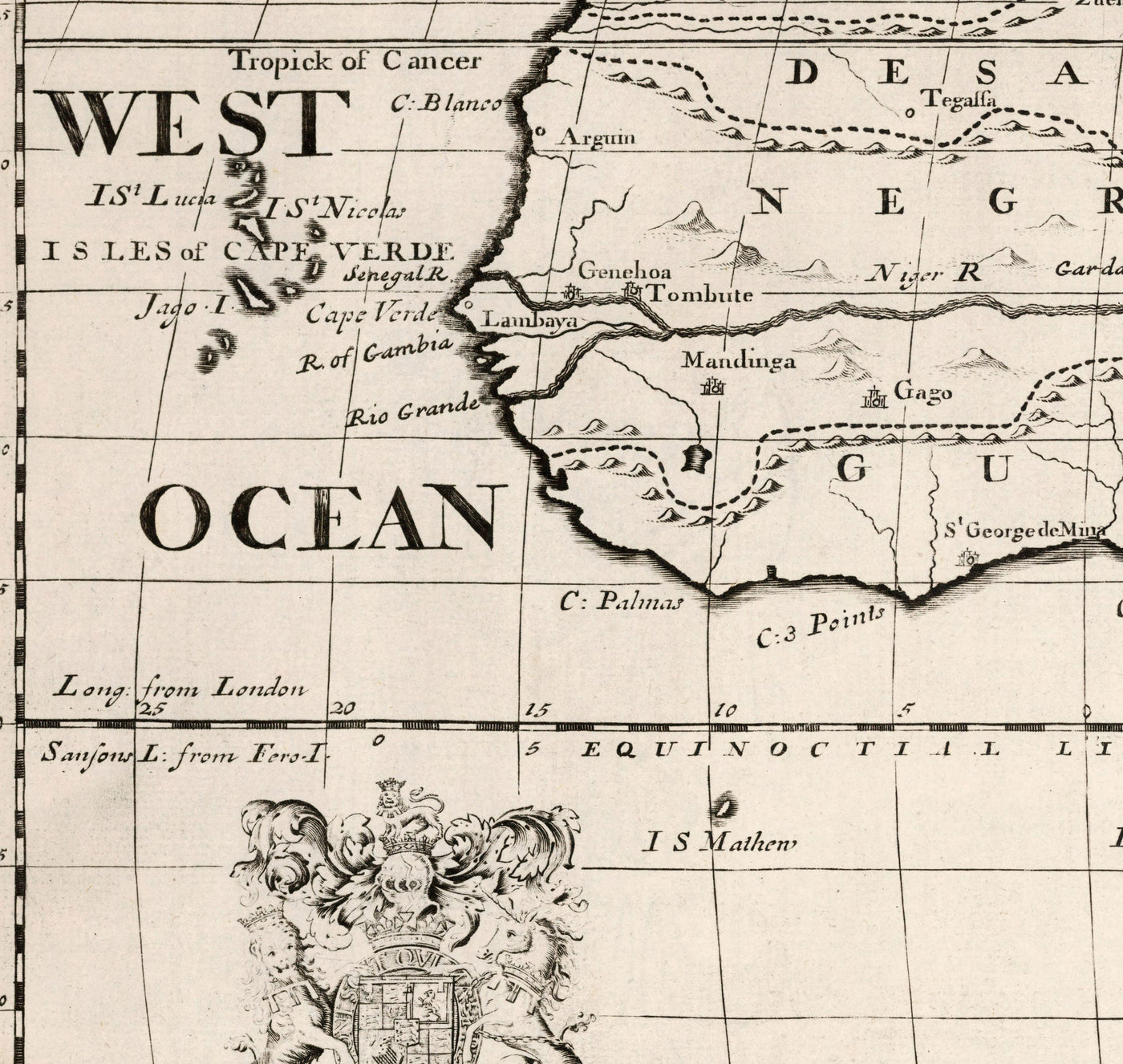 Alte Karte von Afrika im Jahr 1700 von Edward Wells - Ägypten, Kanarische Inseln, Negerland, Sahara, Madagaskar, Guinea, Kongo